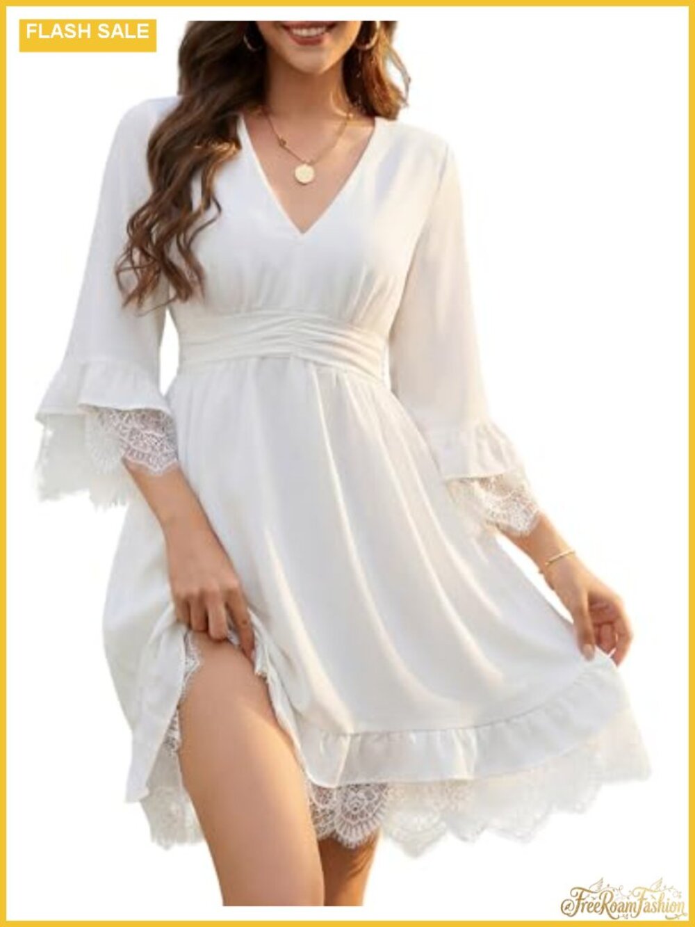 Lace V-Neck Smocked Waist Mini Dress with Flare Sleeves and Pockets